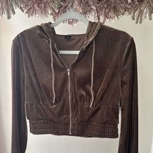 SHEIN Shein Hoodie Sweatshirt Cropped Brown Soft Sparkly Zip Up Sz Large L Hood